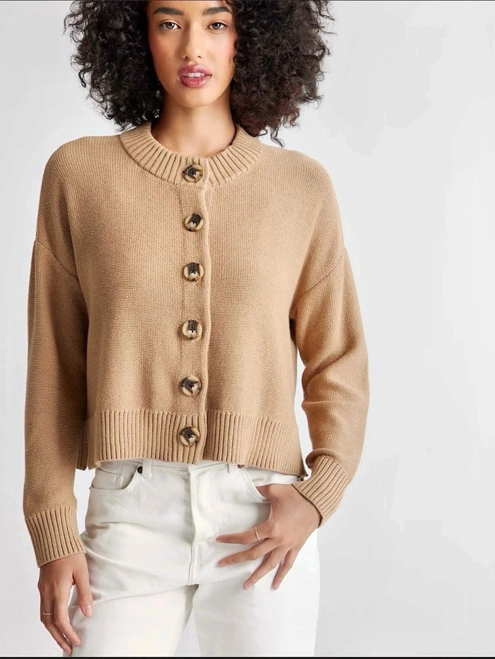 Quince 100% Organic Cotton Cropped Cardigan Camel Medium
